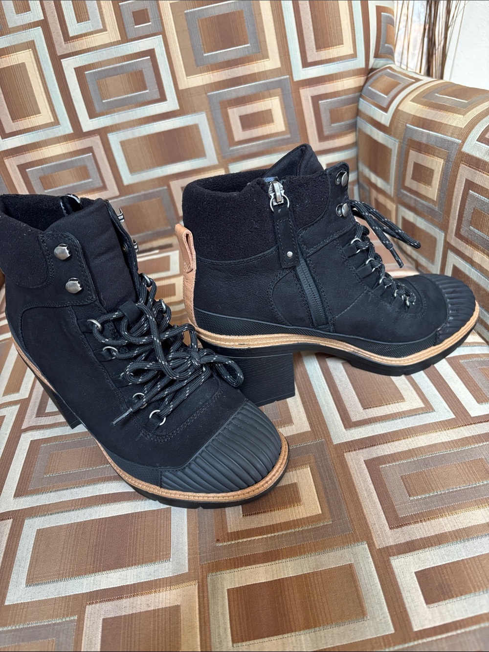 Dr. Scholl's Black Lace-Up Chunky Heel Ankle Booties with Tan Trim